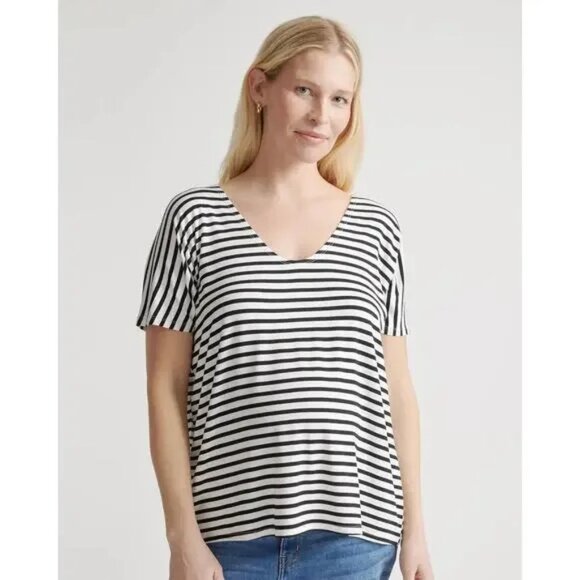 Quince Bamboo Jersey Maternity V-Neck Tee Top Striped Black White M - Picture 3 of 10